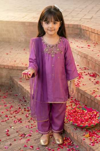 Shop_Petite Pomme_Purple Crepe, Net Embroidery, Sequins, Gota Patti Work Kurta Set _at_Aza_Fashions