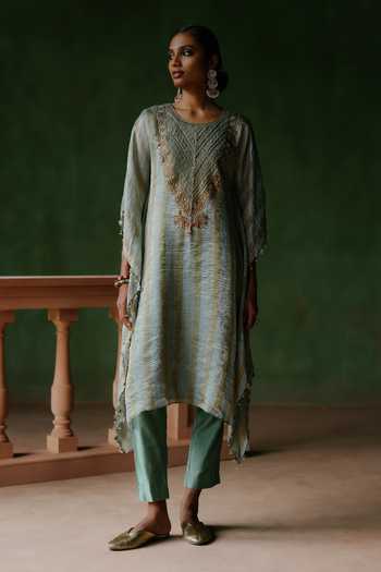 Buy_Alam By Tulsi Patel_Blue Silk, Cotton, Tissue Embroidery, Zari Round Neck Naqsh Kaftan And Pant Set _at_Aza_Fashions