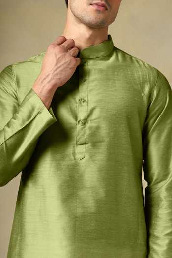 Pomcha Jaipur_Green Silk, Cotton Chaap Mehendi Kurta Set _Online_at_Aza_Fashions