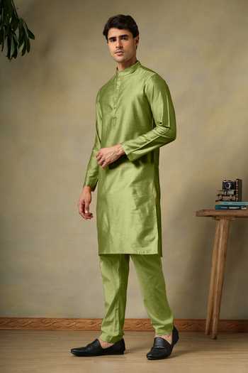 Buy_Pomcha Jaipur_Green Silk, Cotton Chaap Mehendi Kurta Set _Online_at_Aza_Fashions