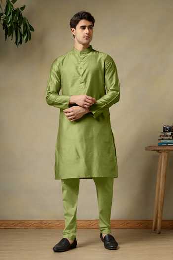 Shop_Pomcha Jaipur_Green Silk, Cotton Chaap Mehendi Kurta Set _Online_at_Aza_Fashions