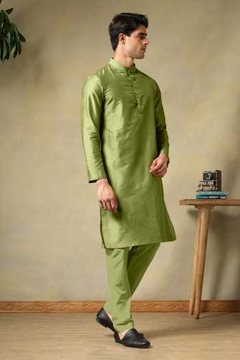Pomcha Jaipur_Green Silk, Cotton Chaap Mehendi Kurta Set _at_Aza_Fashions