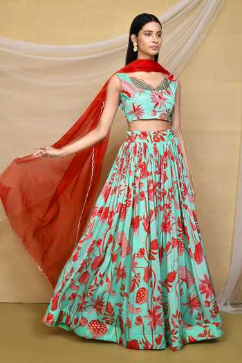 Buy_Khwaab By Sanjana Lakhani_Green Chinon, Organza Scoop Neck Floral Printed Gathered Lehenga Set _at_Aza_Fashions