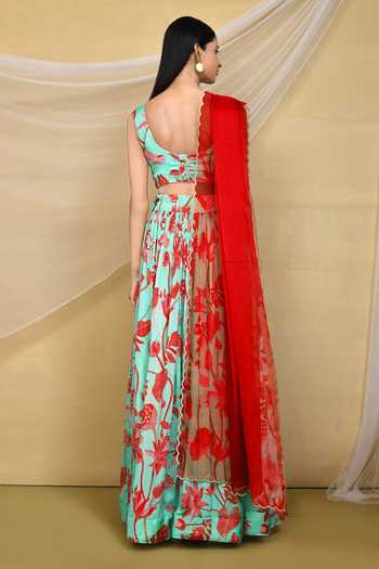 Shop_Khwaab By Sanjana Lakhani_Green Chinon, Organza Scoop Neck Floral Printed Gathered Lehenga Set _at_Aza_Fashions