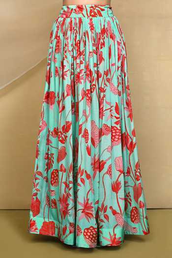Khwaab By Sanjana Lakhani_Green Chinon, Organza Scoop Neck Floral Printed Gathered Lehenga Set _Online_at_Aza_Fashions