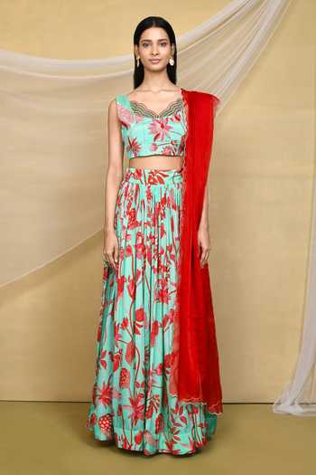 Buy_Khwaab By Sanjana Lakhani_Green Chinon, Organza Scoop Neck Floral Printed Gathered Lehenga Set _Online_at_Aza_Fashions
