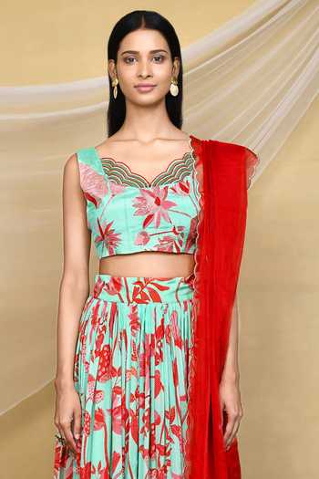 Shop_Khwaab By Sanjana Lakhani_Green Chinon, Organza Scoop Neck Floral Printed Gathered Lehenga Set _Online_at_Aza_Fashions