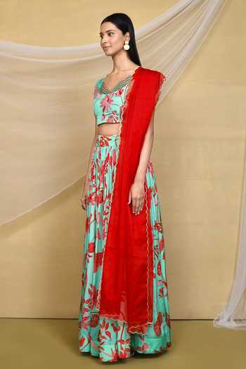 Khwaab By Sanjana Lakhani_Green Chinon, Organza Scoop Neck Floral Printed Gathered Lehenga Set _at_Aza_Fashions