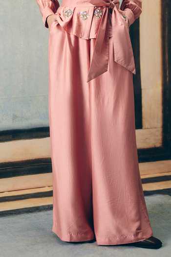 EASE_Mauve Silk, Modal Embroidery Mandarin Collar Aimi Shirt And Palazzo Set _Online_at_Aza_Fashions