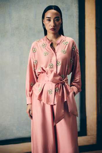 Shop_EASE_Mauve Silk, Modal Embroidery Mandarin Collar Aimi Shirt And Palazzo Set _at_Aza_Fashions