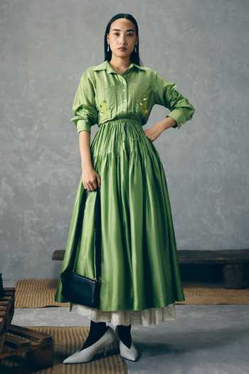Buy_EASE_Green Silk Embroidery Collared Elina Placement Dress _at_Aza_Fashions