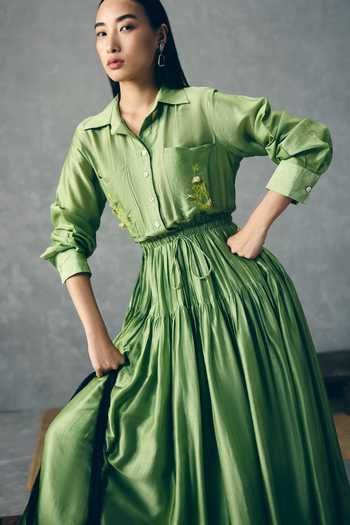 Shop_EASE_Green Silk Embroidery Collared Elina Placement Dress _at_Aza_Fashions