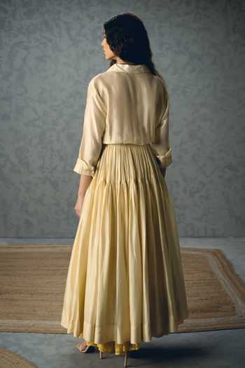 Shop_EASE_Ivory Silk Embroidery Button-down Neck Elina Placement Dress _at_Aza_Fashions