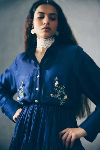 Shop_EASE_Navy Silk Embroidery Button-down Neck Seiu Placement Dress _at_Aza_Fashions