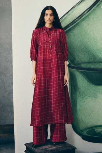 Shop_EASE_Wine Silk , Mandarin Collar Noka Chequered Pattern Kurta Set _at_Aza_Fashions