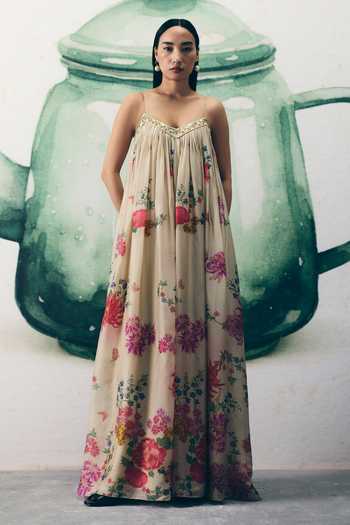Shop_EASE_Ivory Silk Round Neck Yume Floral Print Jumpsuit And Jacket Set _at_Aza_Fashions