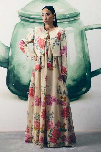 Buy_EASE_Ivory Silk Round Neck Yume Floral Print Jumpsuit And Jacket Set _at_Aza_Fashions