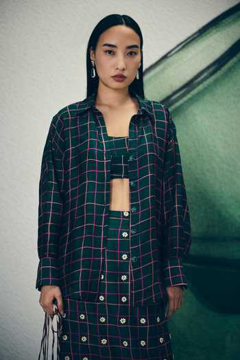 Shop_EASE_Green Organza, Embroidery Mika Checkered Print Shirt And Skirt Set _at_Aza_Fashions