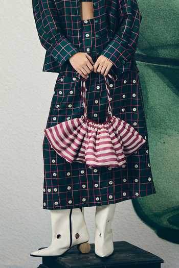 EASE_Green Organza, Embroidery Mika Checkered Print Shirt And Skirt Set _Online_at_Aza_Fashions