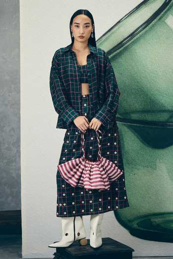 Buy_EASE_Green Organza, Embroidery Mika Checkered Print Shirt And Skirt Set _at_Aza_Fashions
