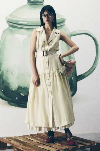 Shop_EASE_Ivory Silk, Crepe Embroidery, Buckles V-neck, Kori Buttoned Dress With Belt _at_Aza_Fashions