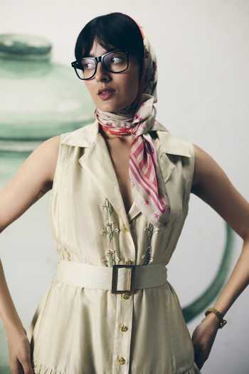 Shop_EASE_Ivory Silk, Crepe Embroidery, Buckles V-neck, Kori Buttoned Dress With Belt _Online_at_Aza_Fashions