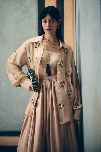 Shop_EASE_Beige Silk Organza, Silk, Modal Embroidery Collared, Izumi Shirt And Skirt Set _at_Aza_Fashions