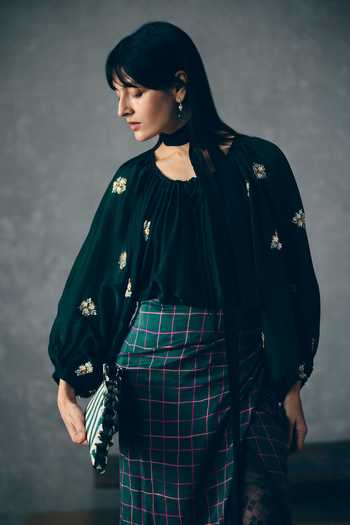 Shop_EASE_Green Silk Organza Embroidery High Neck Ruri Shirt And Skirt Set _at_Aza_Fashions