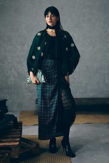 Buy_EASE_Green Silk Organza Embroidery High Neck Ruri Shirt And Skirt Set _at_Aza_Fashions