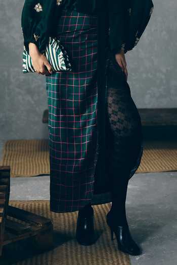Buy_EASE_Green Silk Organza Embroidery High Neck Ruri Shirt And Skirt Set _Online_at_Aza_Fashions
