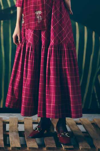 EASE_Maroon Organza, Silk, Poplin Embroidery Haruki Checkered Print Shirt And Skirt Set _Online_at_Aza_Fashions