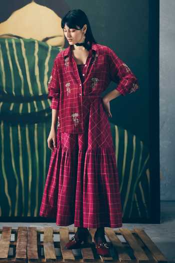 Buy_EASE_Maroon Organza, Silk, Poplin Embroidery Haruki Checkered Print Shirt And Skirt Set _at_Aza_Fashions