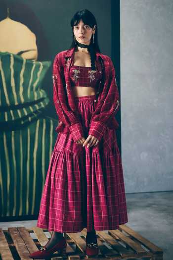 Shop_EASE_Maroon Organza, Silk, Poplin Embroidery Haruki Checkered Print Shirt And Skirt Set _at_Aza_Fashions
