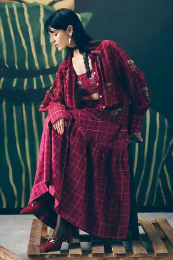 Shop_EASE_Maroon Organza, Silk, Poplin Embroidery Haruki Checkered Print Shirt And Skirt Set _Online_at_Aza_Fashions