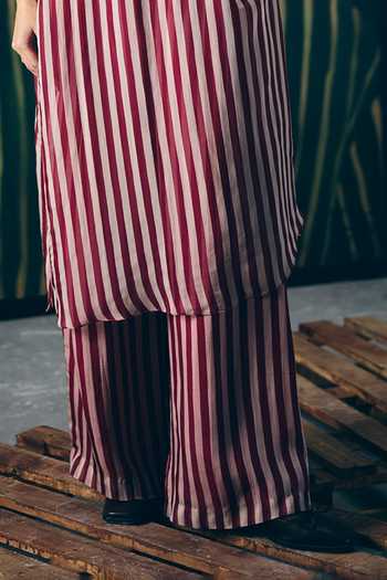 EASE_White Organza Embroidery Puka Stripe Print Kurta And Pant Set _Online_at_Aza_Fashions