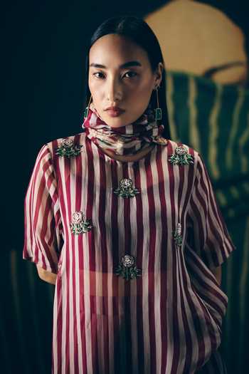 Shop_EASE_White Organza Embroidery Puka Stripe Print Kurta And Pant Set _at_Aza_Fashions