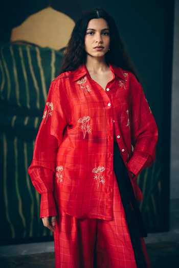 Shop_EASE_Red Organza, Embroidery Collared Dena Printed Shirt And Pant Set _at_Aza_Fashions