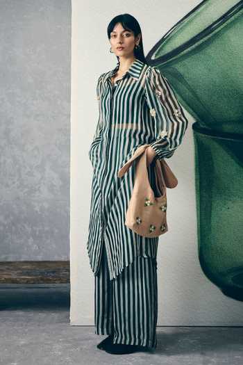 Buy_EASE_Green Organza Embroidery, Stones Collared Midori Stripe Print Kurta And Pant Set _Online_at_Aza_Fashions