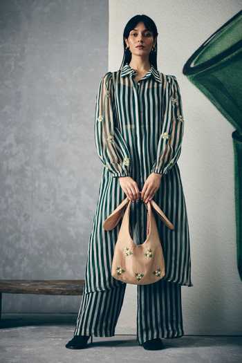Shop_EASE_Green Organza Embroidery, Stones Collared Midori Stripe Print Kurta And Pant Set _at_Aza_Fashions