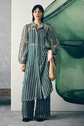 Shop_EASE_Green Organza, Shantoon Sequins, Beads Collared, Yes Midori Print Kurta Set _at_Aza_Fashions