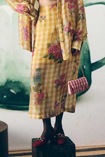 EASE_Yellow Silk Organza Embroidery Collared, Yuki Checkered Print Shirt Skirt Set _Online_at_Aza_Fashions