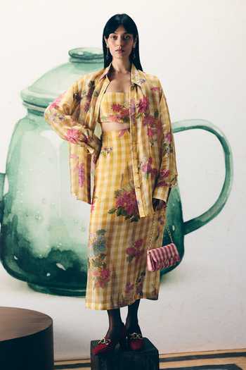 Shop_EASE_Yellow Silk Organza Embroidery Collared Yuki Checkered Print Shirt _at_Aza_Fashions