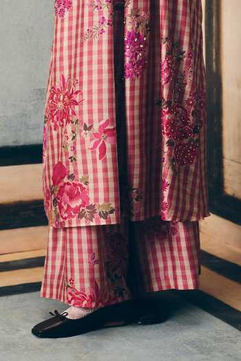 Buy_EASE_Pink Silk Embroidery Halter Neck Risa Gingham Print Kurta And Palazzo Set _Online_at_Aza_Fashions
