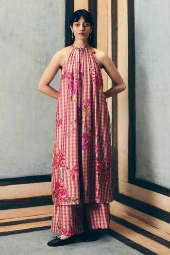 Shop_EASE_Pink Silk Embroidery Halter Neck Risa Gingham Print Kurta And Palazzo Set _at_Aza_Fashions