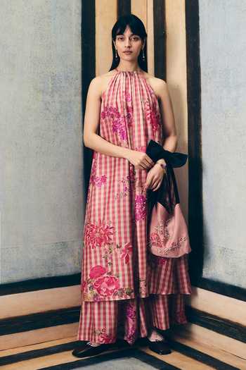 Buy_EASE_Pink Silk Embroidery Halter Neck Risa Gingham Print Kurta And Palazzo Set _at_Aza_Fashions