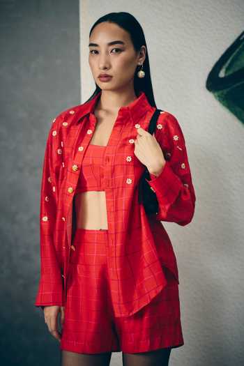Shop_EASE_Red Embroidery Button-down , Square Nori Shirt And Shorts Set _at_Aza_Fashions