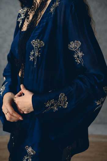 EASE_Navy Organza, Embroidery Open , Square Mujo Shirt And Pant Set _Online_at_Aza_Fashions