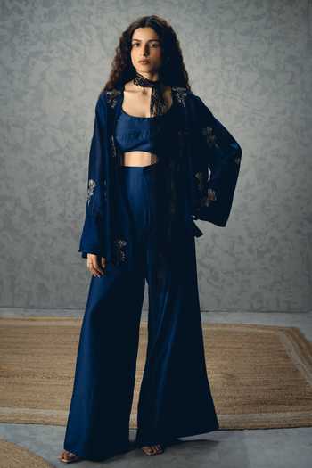 Buy_EASE_Navy Organza, Embroidery Open , Square Mujo Shirt And Pant Set _at_Aza_Fashions