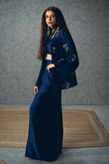 Buy_EASE_Navy Organza, Embroidery Open , Square Mujo Shirt And Pant Set _Online_at_Aza_Fashions