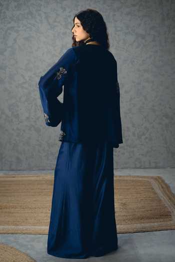 Shop_EASE_Navy Organza, Embroidery Open , Square Mujo Shirt And Pant Set _at_Aza_Fashions